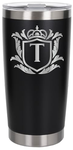Customised Gifts 500ml Engraved Shield Initial Monogram Insulated Personalised Black Travel Mug for Men and Women - Personalised Initial Coffee Travel Mug for Hot and Cold Beverages, Letter T