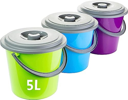 Livinja Haushaltseimer 3er Set mit Deckel, 5L Fassungsvermögen je Eimer, lebensmittelecht, Putzeimer aus robustem Kunststoff, farbig (Grün, Blau, Lila), mit Griff, stapelbar, Made in EU