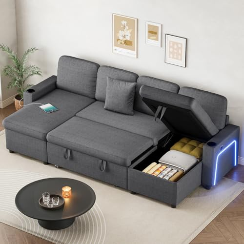 Corner Sofa Bed, U-Shaped Convertible Sleeper Sectional Sofa Bed with Led Lights, Storage, USB & Type-C Ports and 2 Cushions, 4 Seater Linen Pull Out Couch Bed for Living Room, Bedroom, Grey