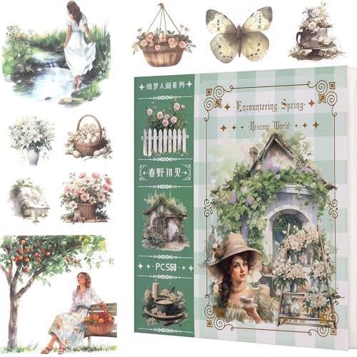 Bafutayawa Sticker, 50 Fogli Accessori per Journaling e Scrapbooking, Washi Junk Journaling Sticker Book Design Acquerello per Adulti