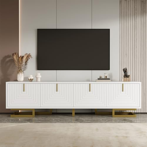 Quiaviank White TV Cabinet with 4 Doors with Integrated Shelves, TV Stand Unit for TVs up to 65 Inches, Television Console Table with Storage for Living Room Furniture, Bedroom, 160 x 38 x 44.5cm