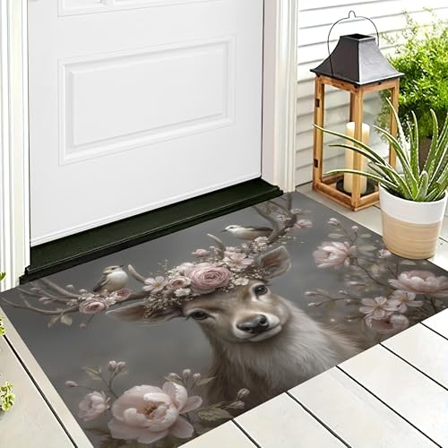 DUOTCYELE Teppich Elch Blumen 60 x 90 cm Waschbar Schmutzfangmatte Innen rutschfest Fußmatte Vintage-Tier Teppich Eingangsteppich Fußabtreter für Flur Eingang Haustier, Grau