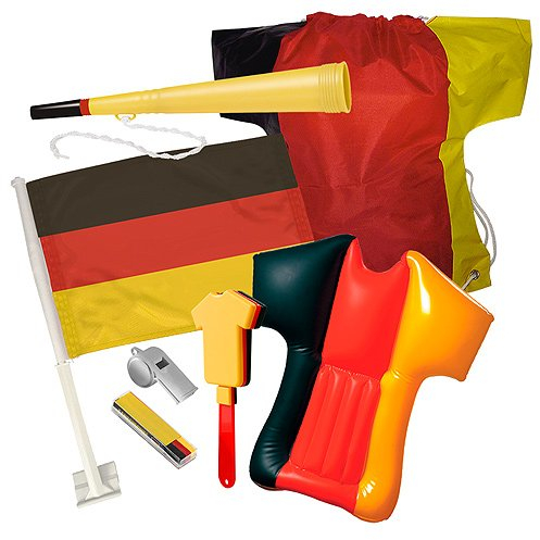 elasto Fußball EM 2024 Fanbox Big 7-Teilige Deutschland Starterpaket Fanpaket im Turnbeutel mit Klappertrikot Trillerpfeife Fanschminke Tröte Autofahne Fanshirt Aufblasbar