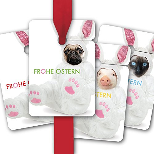 Oster Geschenk Anhänger, Papieranhänger, Geschenk Karten (8Stk) universal Hänge Etiketten mit Mops, Katze, Wolf und Schweinchen: Frohe Ostern
