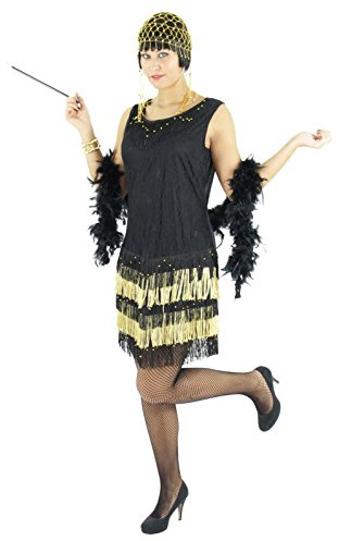 Foxxeo Schwarz goldenes 20er Jahre Kleid mit Fransen für Damen Elegantes Charleston Kostüm zu Fasching und Karneval Größe M