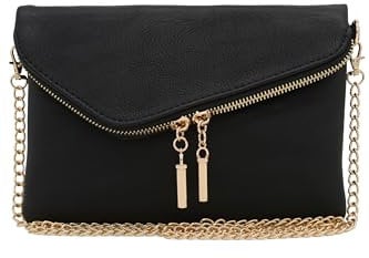 FashionPuzzle Envelope Wristlet Clutch Crossbody Bag with Chain Strap, Black, One Size