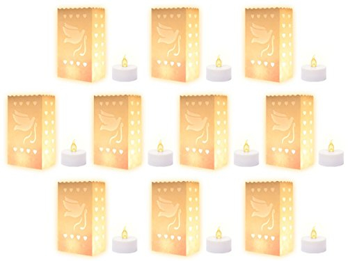 Alsino Lichttüten 10er Set Windlichter Tütenwindlicht Weihnachtsdeko in weiß mit verschiedenen Motiven inklusive LED Teelicht, wählen:Tauben mit Herz