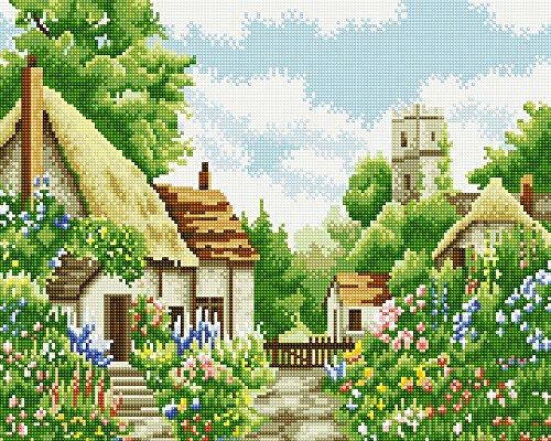 GMMH Diamond Vollbedeckung mit Holzrahmen Painting Set Bild 40 x 50 Diamant Malerei Stickerei Handarbeit Basteln Mosaik Steine Blumen Korb Haus am Bach (GJ272)