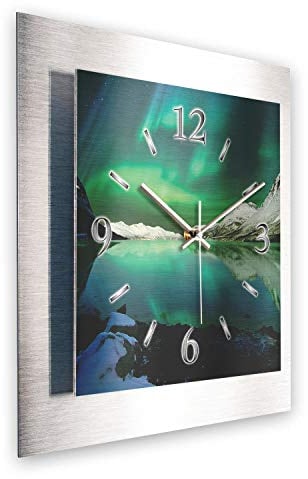 Kreative Feder 3D Designer-Wanduhr aus gebürstetem Aluminium leise Wanduhr ohne Ticken quadratisch 40x40cm (Nordlichter, leises Funkuhrwerk)