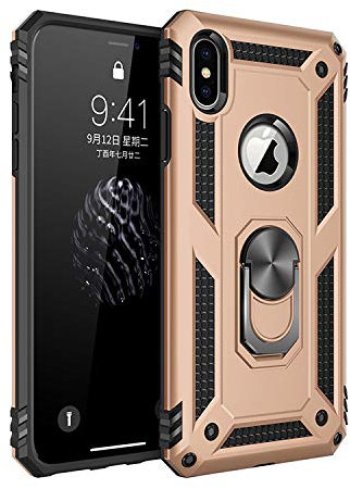 BestST Funda para Apple iPhone X/XS,+ HD Protector Pantalla,con Anillo Soporte, Antigolpes Rígida Robusta Carcasa Resistente al Impacto Militar Duradera Blindada Fuerte de Seguridad,Oro