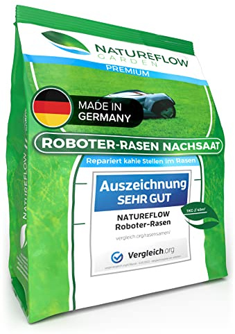 Premium Rasensamen für Mähroboter 1 kg TEST SEHR GUT Made in Germany - Roboter Grassamen - Schnellkeimend und Vital - Selbstdüngend für pflegeleichten Garten