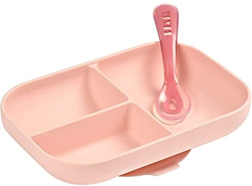 BÉABA Set Comida, Plato Compartimentado de Silicona con Ventosa + Cuchara de Silicona, Adhiere a la mesa/bandeja de la trona, Compatible con el microondas, Rosa