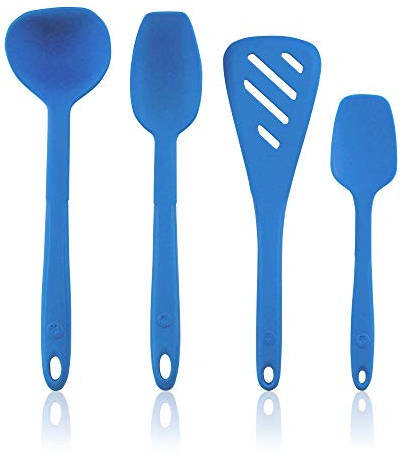 Kochblume Küchenhelfer-Set - Designwender S & Soßenlöffel S & Schöpfkelle S & Flexlöffel S 4er Set | Premium-Silikon | Hitzbeständig | Spülmaschinenfest | Farbe: blau