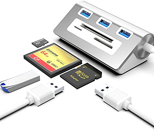 Opluz USB 3.0 Hub und CF-Kartenleser kombiniert, 6-in-1-Multifunktions-USB-Hub-Adapter aus Aluminiumlegierung mit 3 USB 3.0-Anschlüssen, CF/SD/TF-Steckplätzen, kompatibel mit Windows/Mac/Linux
