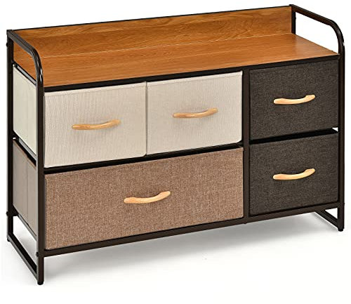 COSTWAY 4/5/7-Drawer Dresser, Fabric Chest of Drawers Storage Tower with Wooden Top, Metal Frame Cabinet Organiser Unit for Bedroom, Living Room and Hallway (Multicolor, 1 Large+4 Small Drawers)