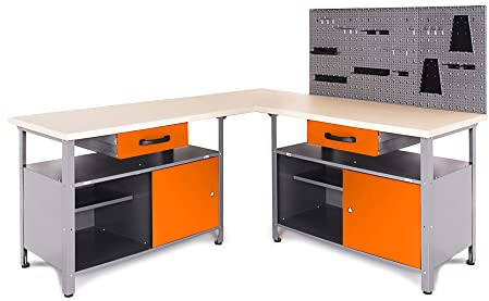 Ondis24 Werkstatt Set Ecklösung One, Werkbank, 180 cm Holzarbeitsplatte, Werkzeugwand Lochwand, Haken Set, Metall (Arbeitshöhe 85cm, orange)