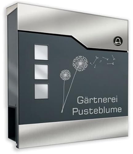 Design-Briefkasten aus pulverbeschichtetem Stahl ANTHRAZIT RAL 7016 mit FUNKKLINGEL und Beschriftung (mit Zeitungsrolle und 3 Sichtfeldern)
