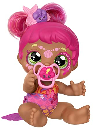 Kindi Kids Babyschwester-Puppe Tulla Tropics als Meerjungfrau, 1 Puppe mit Spielzeugschnuller und Zauberschwamm für magische Gesichtsbemalung. Große, glitzernde Augen, biegsame Arme Beine, 50241