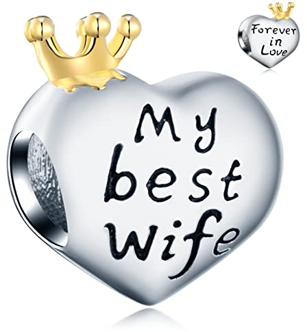 Meine beste Ehefrau für immer in Liebe Herz Charms passen Pandroa Paar Armband, 925 Sterling Silber My Best Wife Heart Hochzeitstag Perlen mit Krone, Geschenk für Frau/Ehemann/Braut/Esposa
