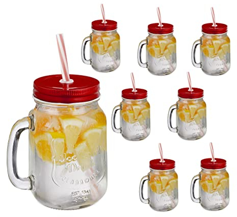 Relaxdays Trinkgläser, mit Deckel und Strohhalm, 8er Set Limonadengläser, 500 ml, Retro Sommergläser mit Henkel, rot