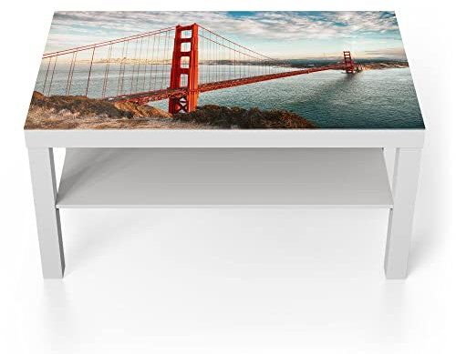 DEQORI Glastisch | weiß groß 90x50 cm | Motiv Golden Gate Bridge | ausgefallener Beistelltisch aus Glas | Hochglanz Couchtisch fürs Wohnzimmer | moderner Couch Tisch mit Design