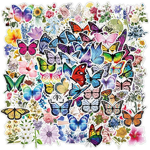 100 Stück ästhetische wasserdichte Vinyl-Anime-Aufkleber für Wasserflasche, Laptop, Kinder, Teenager, Mädchen, Jungen, Erwachsene (Schmetterlinge und Blumen)