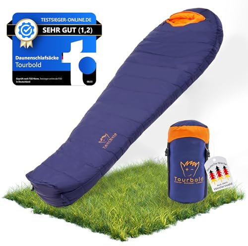 Tourbold Daunenschlafsack Outdoor | 3 Jahreszeiten | Ultraleicht (1250 g) | Kleines Packmaß | Extra Langer Reißverschluss | Komfort-Schnitt | Mumienschlafsack | Camping Trekking Bergsteigen