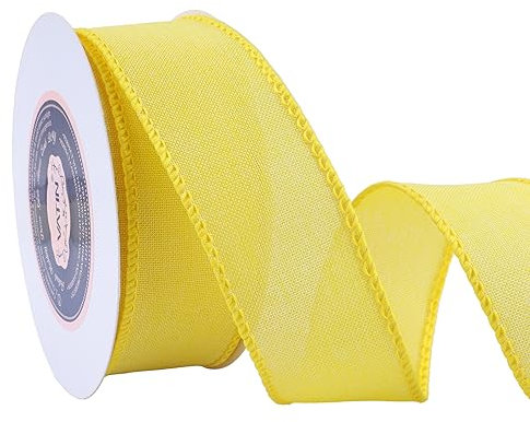 VATIN Linen Wired Ribbon,1-1/2 Inch X 10 Yard,Light Yellow Burlap Wired Ribbon for Big Bow Crafts,Wreaths, Christmas Tree Decoration,Gift Wrapping