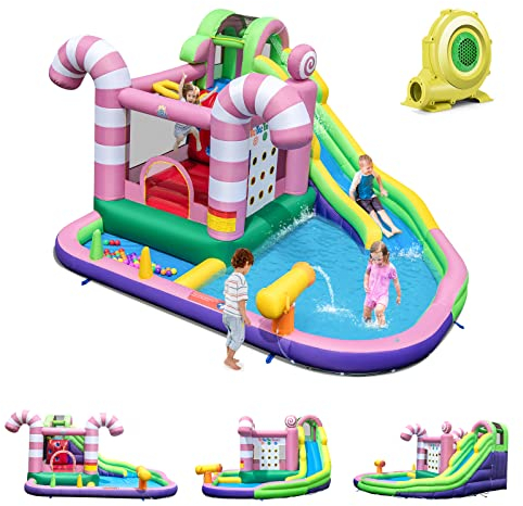 DREAMADE Aufblasbare Hüpfburg mit Gebläse, Wasserpark mit Rutsche & Sprungbereich & Wasserbecken & Tic-Tac-Toe Spiel, 425 x 375 x 225 cm Wasserspielcenter Outdoor & Indoor