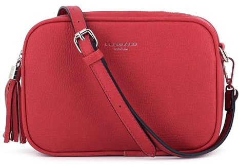 flora & co - Sac Caméra Bandoulière Femme Double Zip Frange - Sacoche Porté Epaule Croisé Forme Rectangle - Besace Ville Fourre-Tout Similicuir Grainé - Tendance Mode - Rouge Foncé