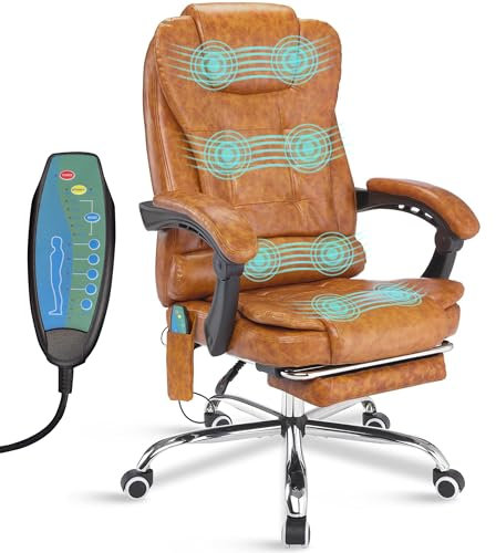 Blisswood 8 Point Massage Office Chair for Home Office & Gaming - 135° Recline Ergonomic High Back Computer Gaming Chair with Lumbar Support - 360° Swivel & Tilt - Padded Armrest (Gold Brown)