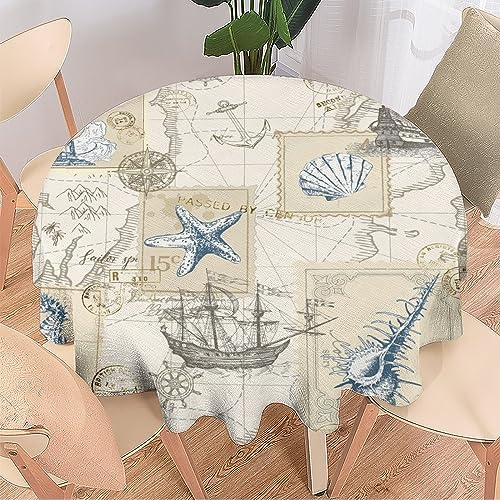 COALHO Maritime Küste, maschinenwaschbar, Tischdekoration für drinnen und draußen, Vintage-Seepferdchen, Seepferdchen, Leuchtturm, Anker-Druck, schützt den Tisch, leicht zu reinigen, 92 x 92 cm