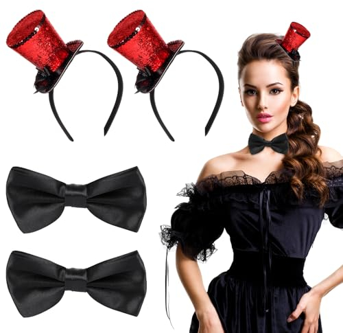 CHCAES 4 Stück Mini Zylinder Hut mit Haarreif Rot Mini Top Hut Zirkusdirektor Fliege Schwarz für Karneval Party Kopfschmuck Accessoires
