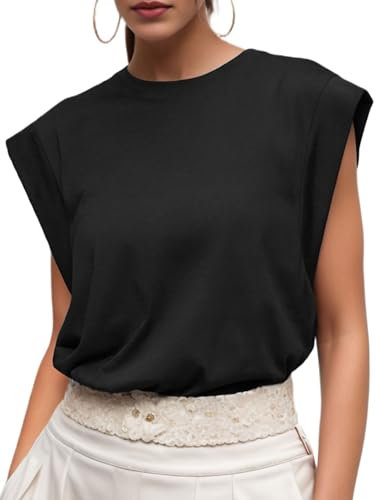 GRECERELLE Womens Cotton T Shirts Cap Sleeves Loose Fit Basic Ladies Tops for Casual Comfort Soft Crew Neck Summer Tees (Black, S)
