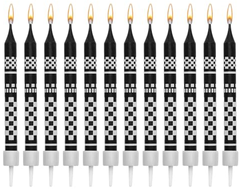 12pcs Racing Cars Themed Birthday Candles, Black and White Birthday Cake Candles Checkered Cupcake Topper Candle for Racing Car Party Favors Decorations Baby Shower Kids Boys Supplies