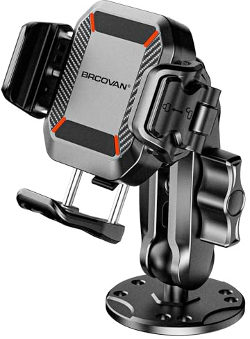 BRCOVAN Handyhalterung mit Vibrationsdämpfer [1s Lock] | mit runder Aluminiumbasis und Arm, für Auto, Boot, Lkw, Motorrad und UTV, passend für Smartphones von 5,4 bis 7,2 Zoll