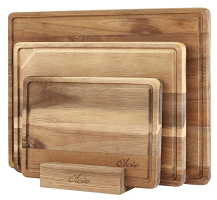 Oleio Schneidebrett 3er Set aus Akazienholz (40×30, 33×24, 26×18 cm) – 2 cm dicke Küchenbretter mit Saftrille, Antirutsch & Halter – Holzbrett Set & Servierplatte aus Massivholz