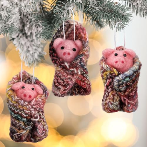 GlikCeil 6 Pcs Pink Pig in Blankets Christmas Ornaments - Felt Tree Decorations, Hanging Animal Themed Wool Holiday Decor for Indoor Home Party Gifts, 4 Inch