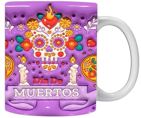 eBoutik - Unique 3D Print Day of The Dead Sugar Skull Halloween Mug, Spooky Season Autumn Ceramic Tea or Coffee Cup - El Día de Los Muertos Colourful Calavera Design Decor