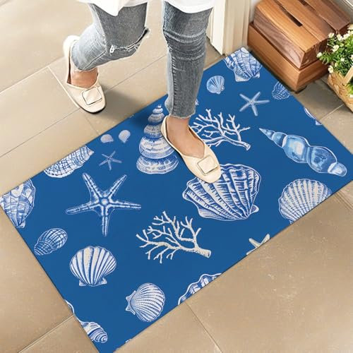 amepay Coastal Seashell Blue Indoor Door Mat – Stylish 17x29.5in Non-Woven Fabric Floor Doormat with Coral Shells Design, for Porch Insider,Bedroom,Living Room - Nautical Beach Decor Rug Gitfs