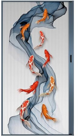Porta a Soffietto da Interno Tenda Pieghevole con Motivo a Pesce e Chiusura Magnetica, Pannello Scorrevole a Fisarmonica in Tessuto 100% Oscurante per Lavanderia/Armadio, Binario Inferiore da 9 mm, S