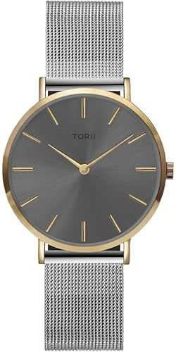 TORII Damenuhr Grau Edelstahl - rund Quarz G34SS.AG Milanaise-Armband Strichindizes wasserdicht 50 m