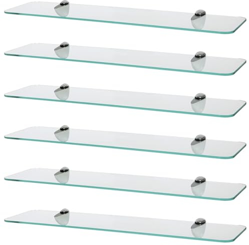 Harbour Housewares Rounded Floating Glass Bathroom Shelves - 60cm - Clear/Chrome - 6x Wall-Mounted Kitchen Bedroom Shower Room Décor Caddy Towel Storage Organiser Shelving Rack with Brackets