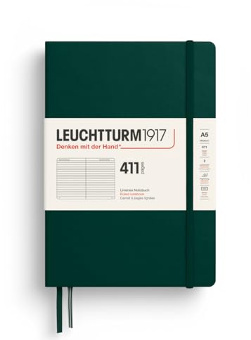 LEUCHTTURM1917 372929 Notebook 411 Medium (A5), Hardcover, 411 Numbered Pages, Forest Green, Ruled, More Thoughts, More Ideas, More Memories, More Pages | Ruled, 80gsm paper, thread binding, acid free, 160 additional pages, for frequent writers and thinkers