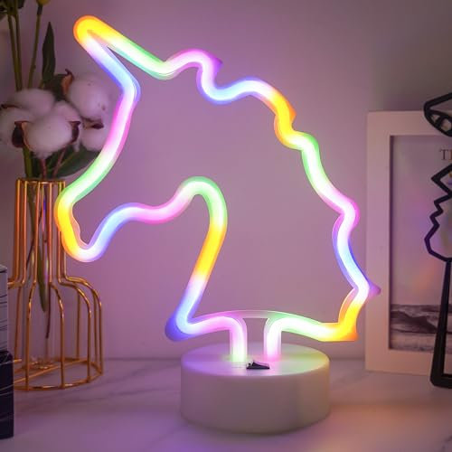JEMESI Einhorn Neonlicht, Farbe Einhorn LED Nachtlicht, Batterie/USB, Neonlichter Mit Sockel für Schlafzimmer, Nachtlichter für Zimmer, Party, Hochzeit, Geburtstag