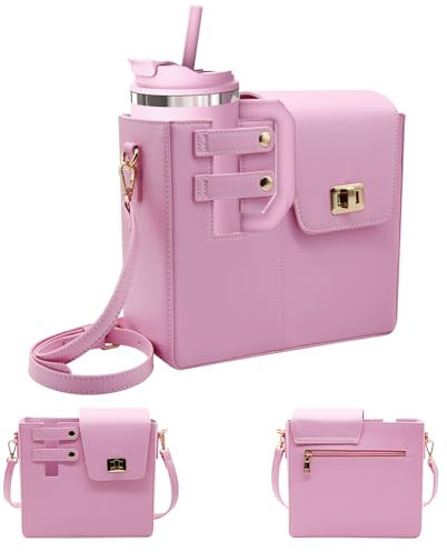 Amlope Sac à Main pour Stanley Cup Sac de Rangement Portable pour Gobelet D'eau Sac de Transport pour Stanley Cup Porte Bouteille D'eau pour Sac à Main avec Compartiment et Bandoulière Réglable (Rose)