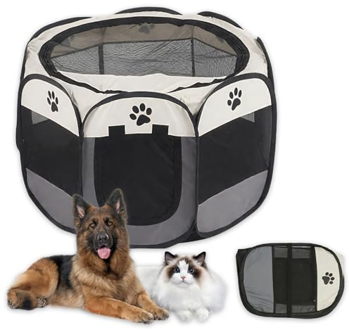 OYIWINMI Welpenauslauf Laufstall Katze faltbar schwarz wasserdicht tragbar Haustierzelt mit Netzabdeckung für Hunde Katzen Kleintiere drinnen und draußen 72x72x45cm