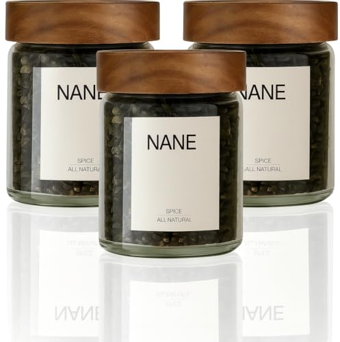 Kitchen Life Lot de 12 pots à épices en verre borosilicate - 200 ml - Avec couvercle en bois d'acacia et 56 étiquettes - Hermétiques, sans BPA, passent au lave-vaisselle