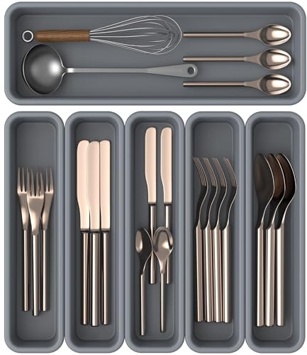 K KORKUAN Portaposate da Cassetto, DIY Organizer Cucina, Silicone Organizer Cassetti Cucina, 6 Pezzi, Resistente all'umidità e al Calore Fino a 200 °C, Antiscivolo ed Ecologico (Grigio)