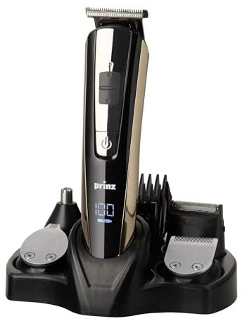 Prinz Multi-Grooming-Set 5-in-1 PZ-MGS1 – Haarschneider, Barttrimmer, Konturentrimmer, Rasierer & Nasen-/Ohrtrimmer, LED-Display, 2 Geschwindigkeiten, Schnellladen, Akku & Netzbetrieb